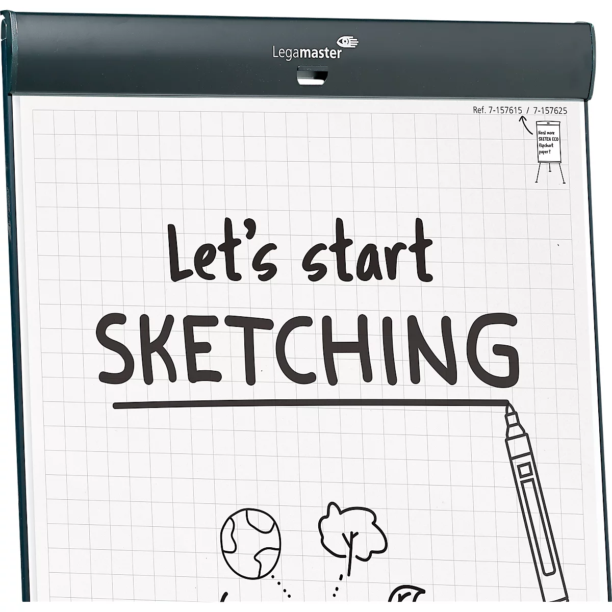 Flipchart mobile Legamaster Sketch Pro, tableau magnétique, réglable en hauteur, 2 bras latéraux, pied en étoile, kit de démarrage inclus, L 680 x H 1050 mm, noir et blanc