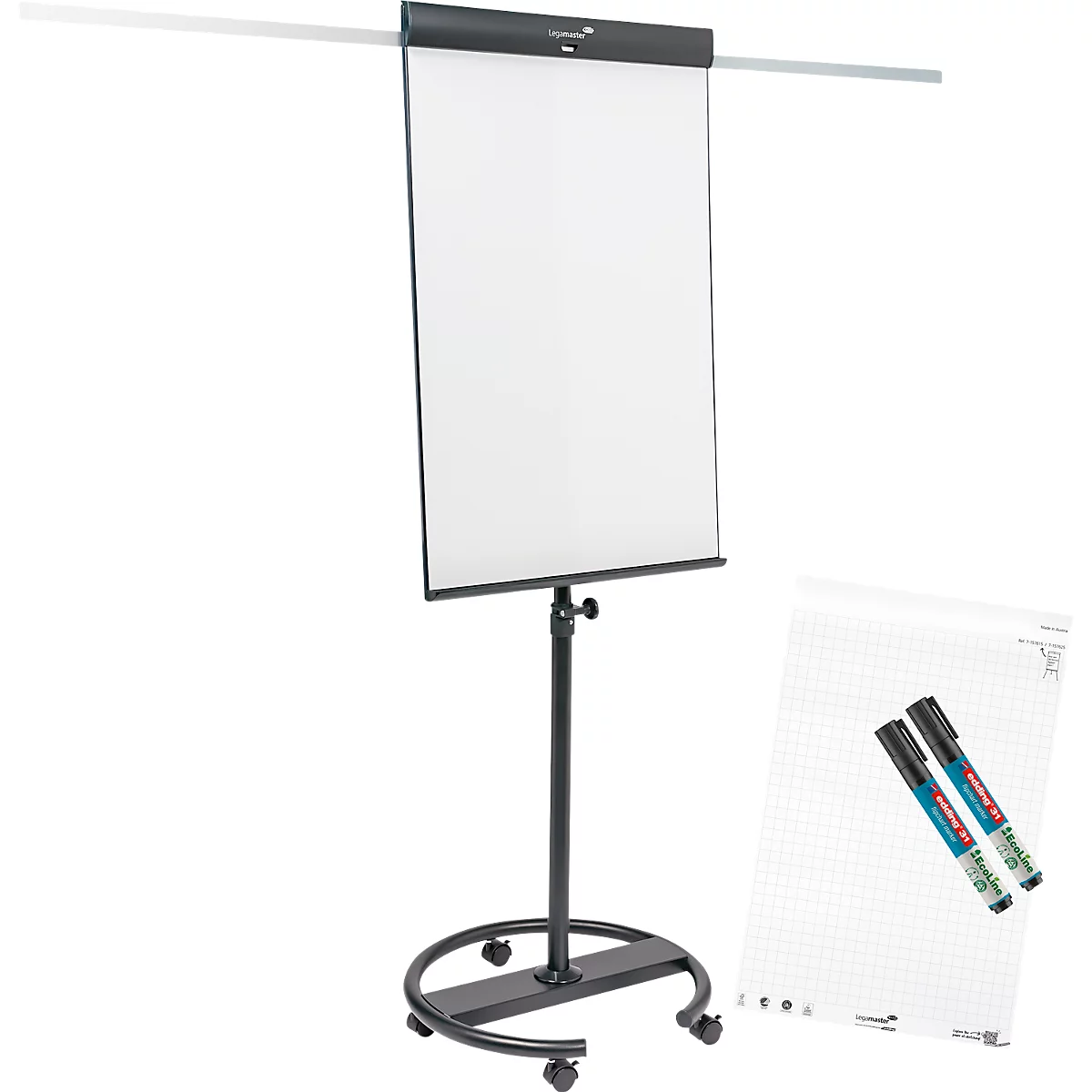 Flipchart mobile Legamaster Sketch Pro, tableau magnétique, réglable en hauteur, 2 bras latéraux, pied rond, kit de démarrage inclus, L 680 x H 1050 mm, noir-blanc