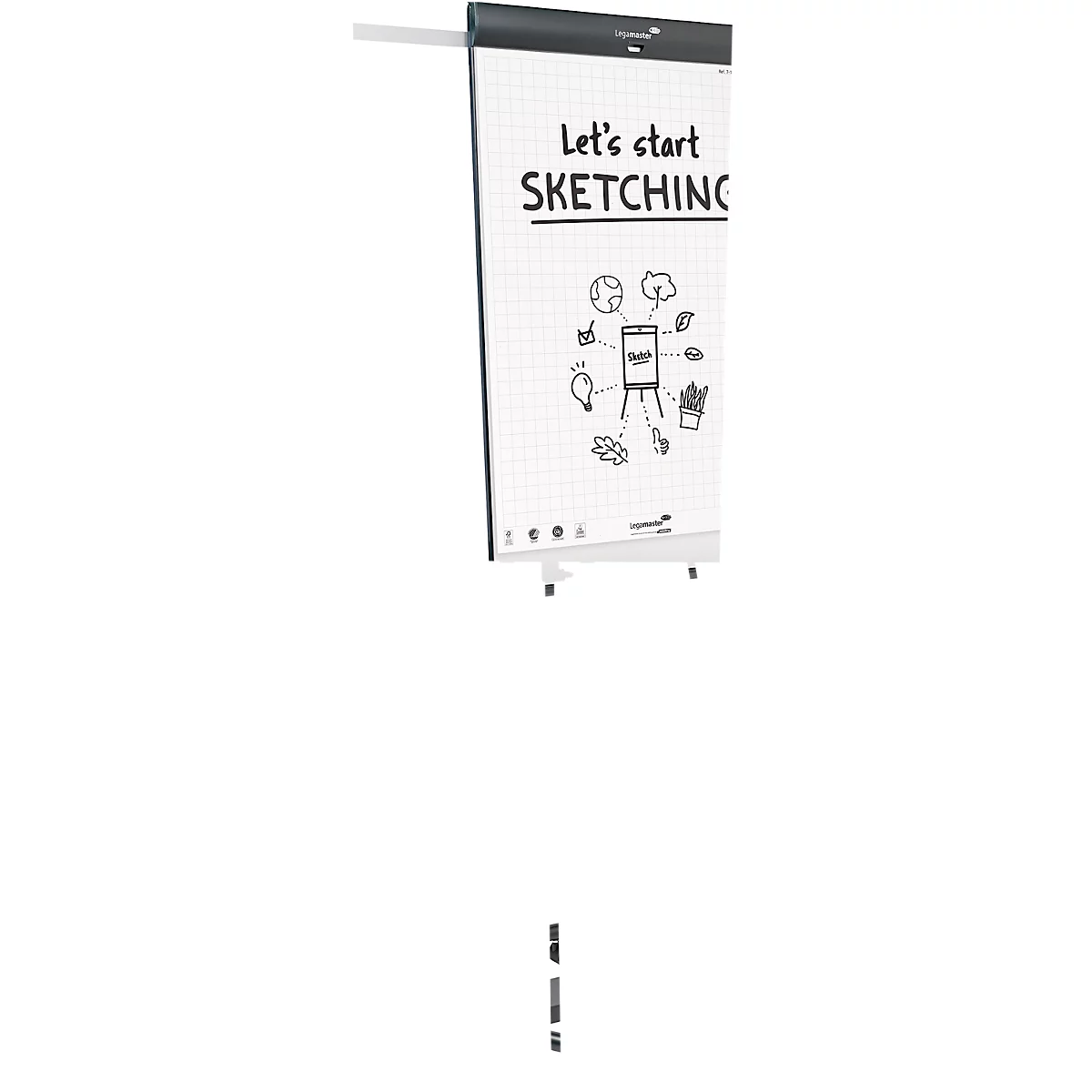 Flipchart mobile Legamaster Sketch Pro, tableau magnétique, réglable en hauteur, 2 bras latéraux, pied rond, kit de démarrage inclus, L 680 x H 1050 mm, noir-blanc