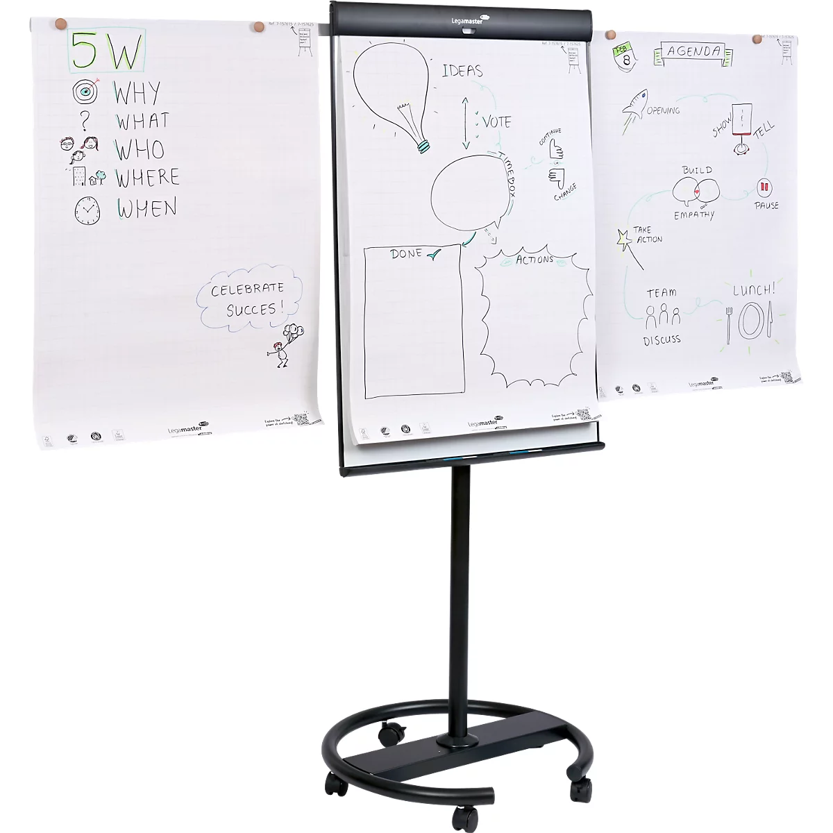 Flipchart mobile Legamaster Sketch Pro, tableau magnétique, réglable en hauteur, 2 bras latéraux, pied rond, kit de démarrage inclus, L 680 x H 1050 mm, noir-blanc