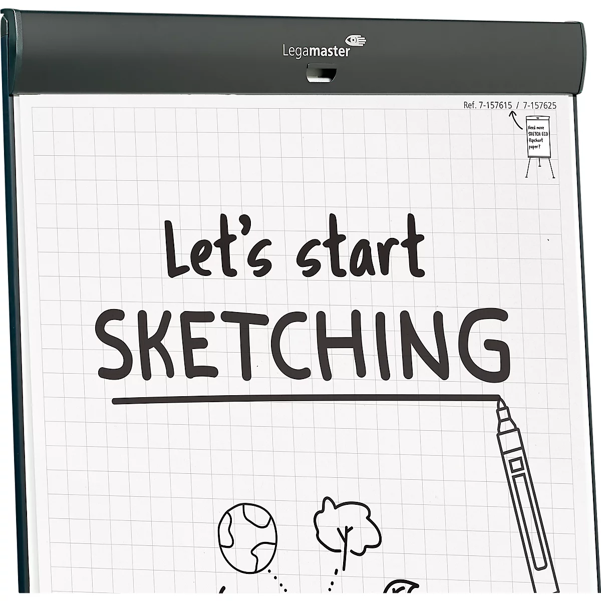Flipchart mobile Legamaster Sketch Pro, tableau magnétique, réglable en hauteur, 2 bras latéraux, pied rond, kit de démarrage inclus, L 680 x H 1050 mm, noir-blanc