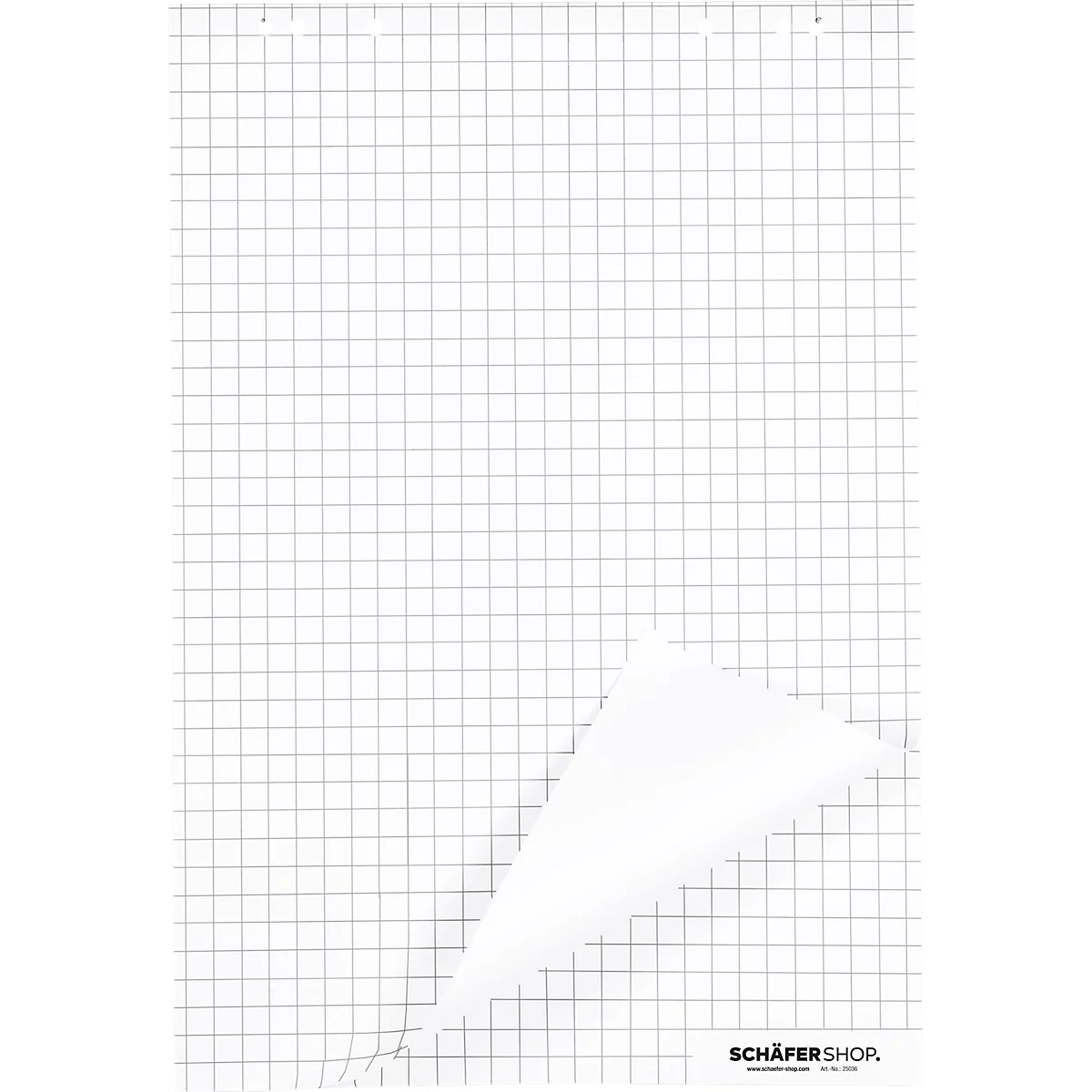 Papier quadrillé blanc, un coin est replié. En bas, on peut lire « SCHÄFER SHOP ».