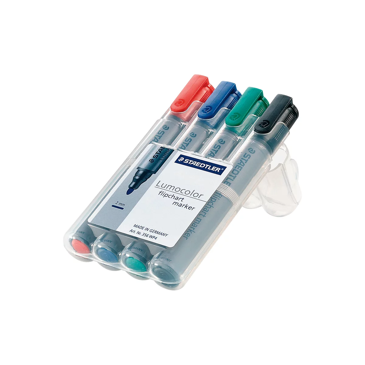 Un paquet de marqueurs pour tableau de conférence STAEDTLER Lumocolor avec un capuchon rouge, bleu, vert et noir. L'emballage indique "flip chart marker".