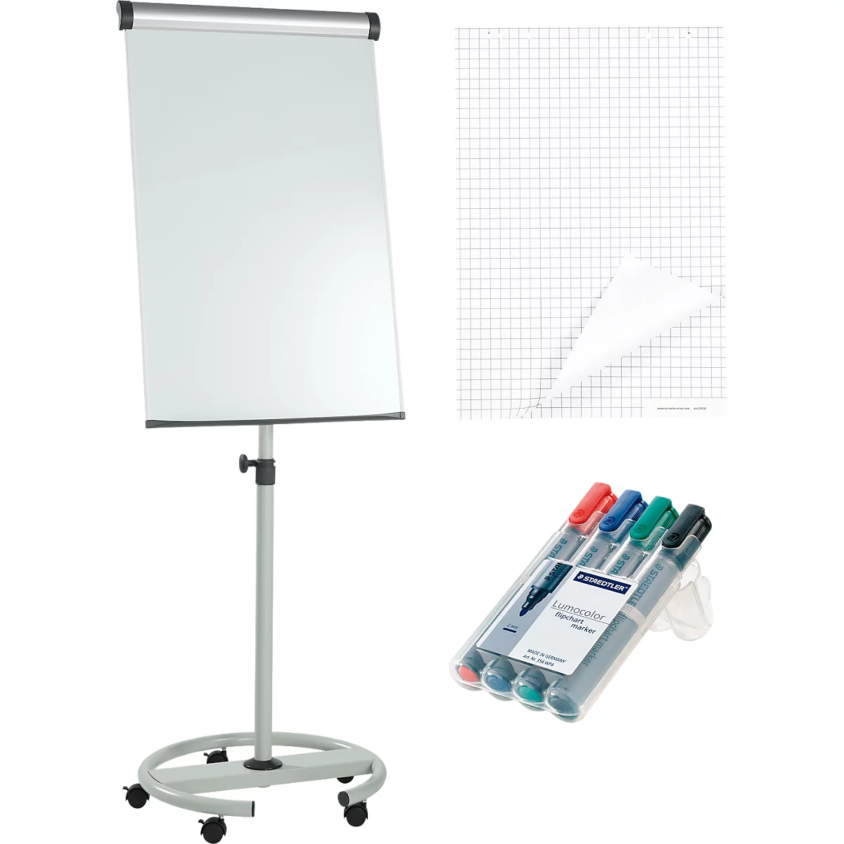 Un tableau de conférence sur roulettes avec du papier blanc et des stylos. À côté se trouve un papier quadrillé.