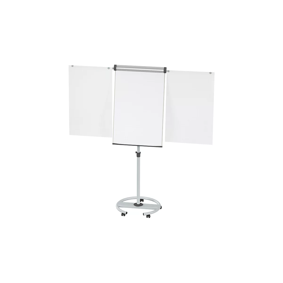 Un paperboard, papier blanc, cadre et support gris. Sur roulettes.
