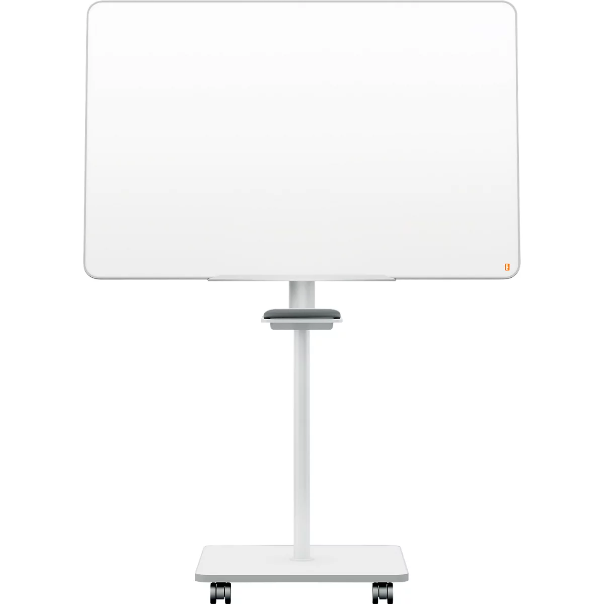 Tableau blanc rectangulaire sur un support roulant blanc. Petit détail rouge en haut à droite.