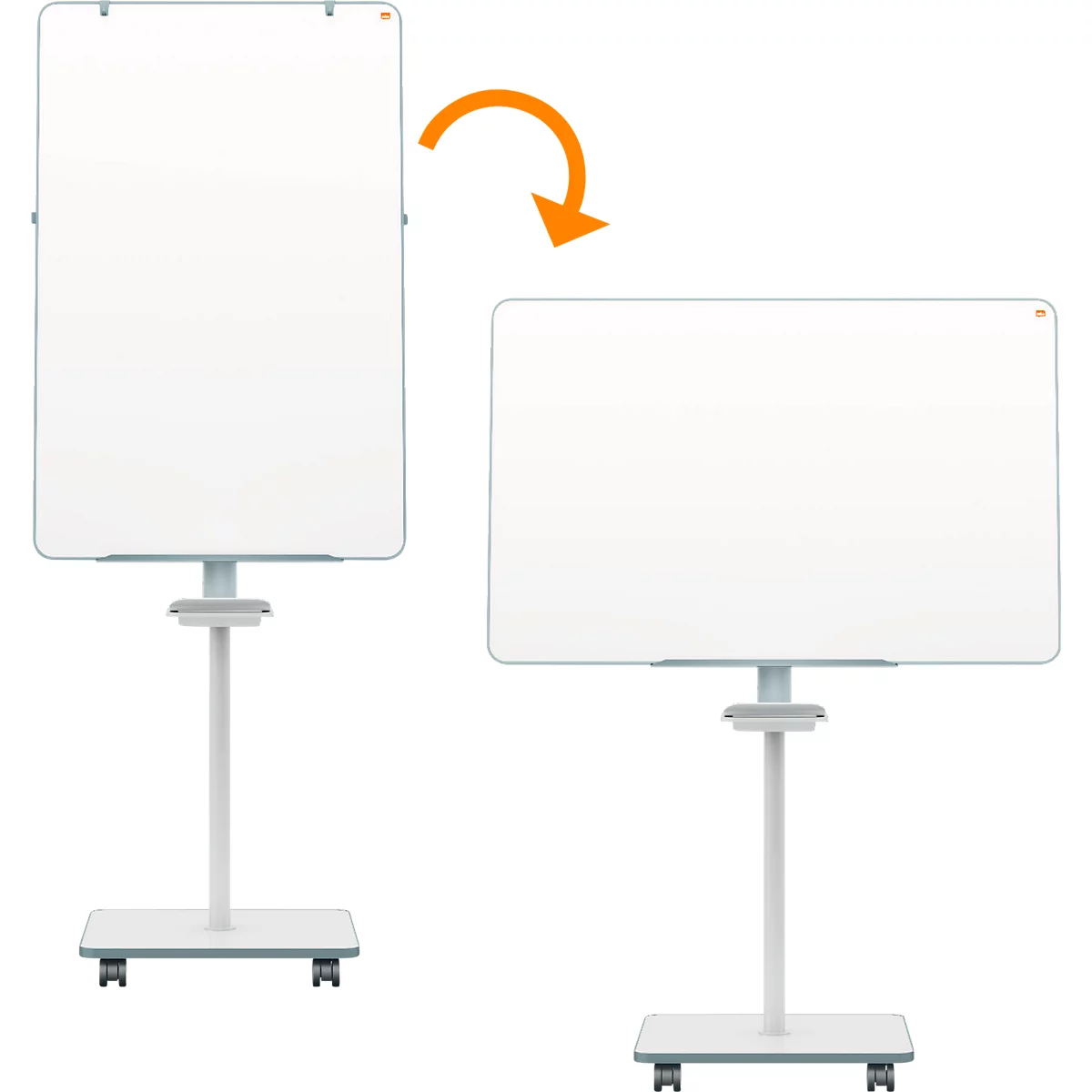 Tableau blanc pivotant sur pied avec roues.