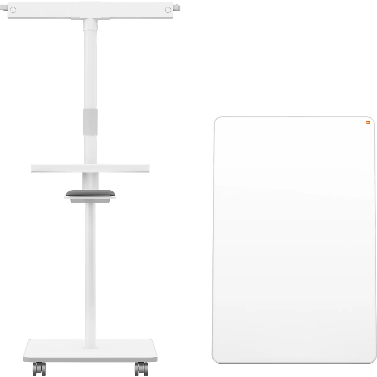 Tableau blanc et support de présentation. Le support est muni de roulettes, d'une étagère et d'une barre réglable en hauteur.