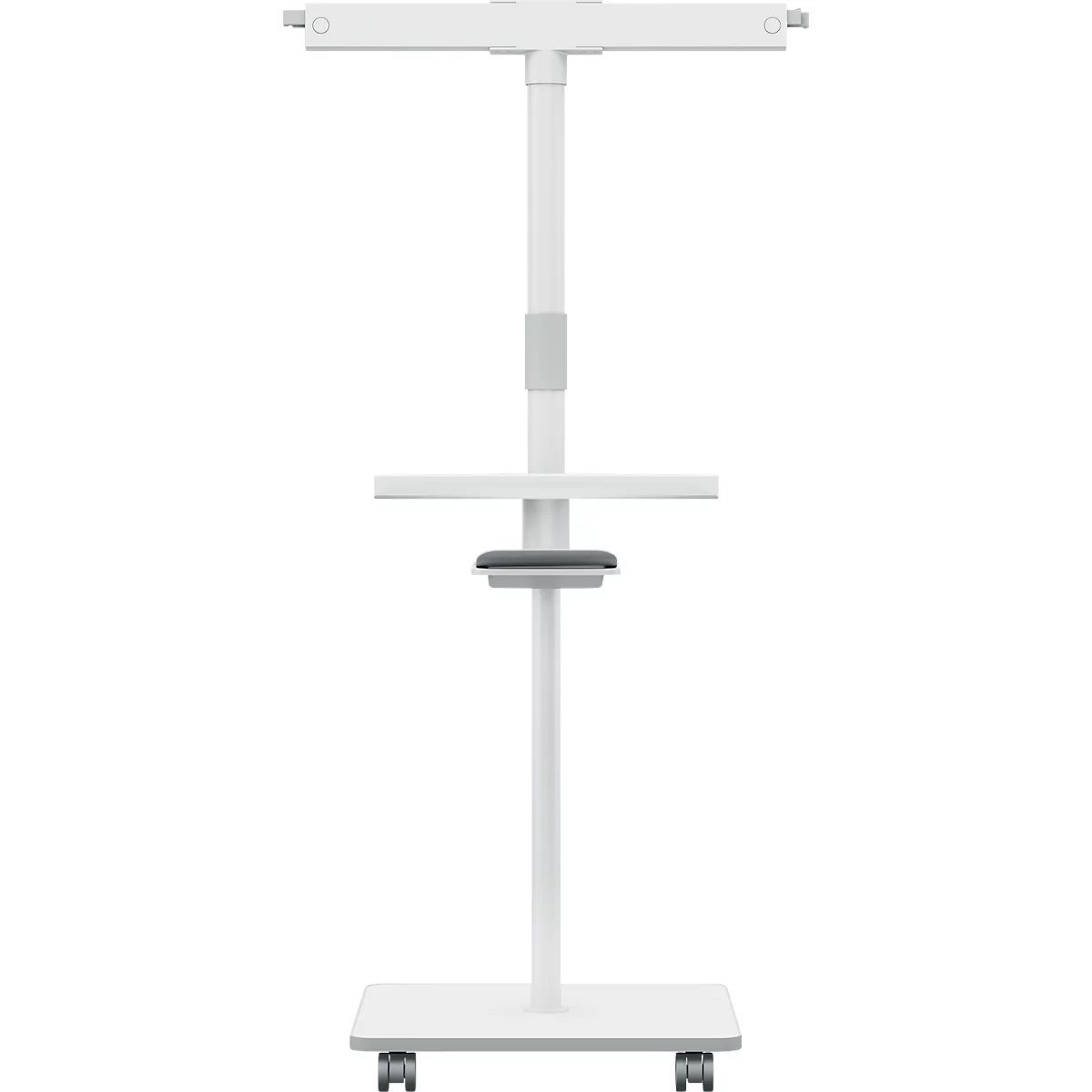 Présentoir blanc, réglable en hauteur, avec étagère et roulettes.
