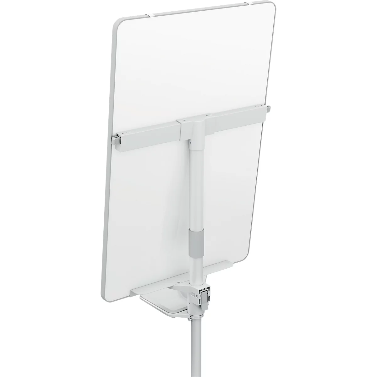 Tableau blanc rectangulaire blanc sur un support blanc réglable en hauteur. Le support a une base ronde et une jointure métallique qui maintient le tableau.