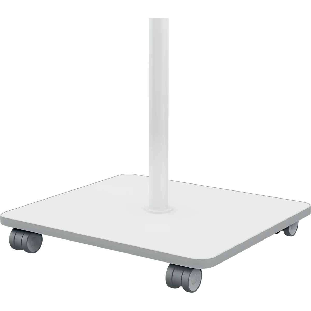 Un support blanc avec roulettes, composé d'une base carrée et d'un poteau vertical.