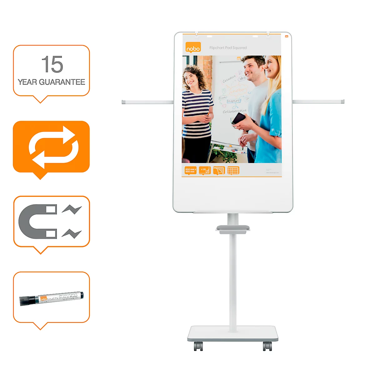 Système de présentation blanc avec écran tactile, trois icônes oranges et un stylo.
