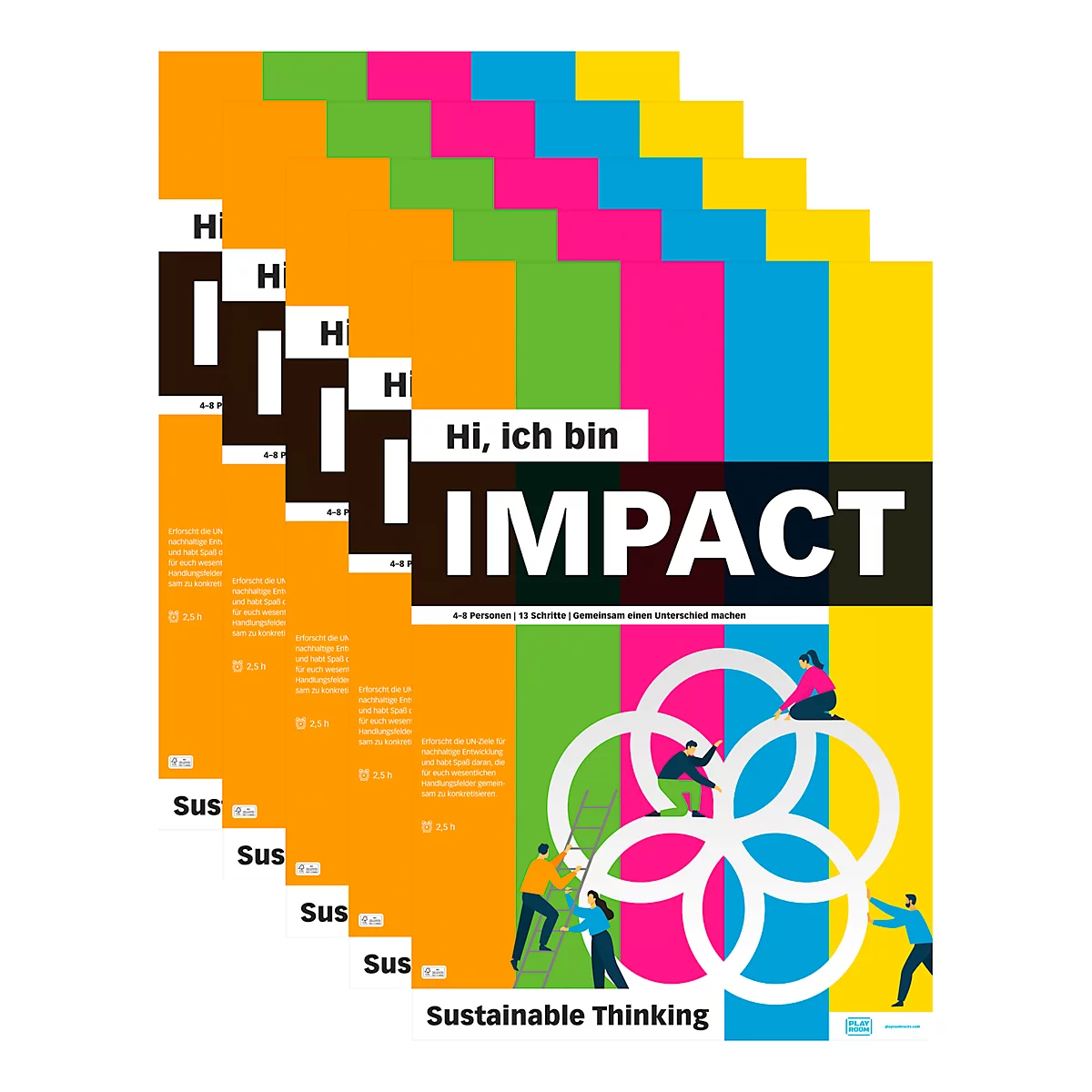 Eine Broschüre mit dem Titel "Hi, ich bin Impact", gestaltet mit bunten Farbblöcken und Abbildungen von Menschen.