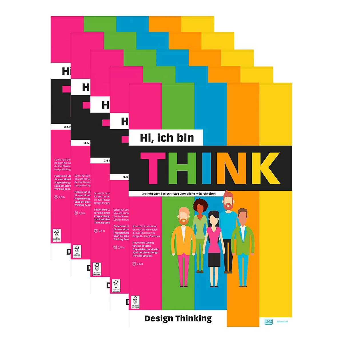 Flipchartblock PLAYROOM THINK FLIP, 14 vorgedruckte Blatt für Design Thinking/Innovationsprozesse, B 650 x H 970 mm, Papier, mehrfarbig, 5 Stück