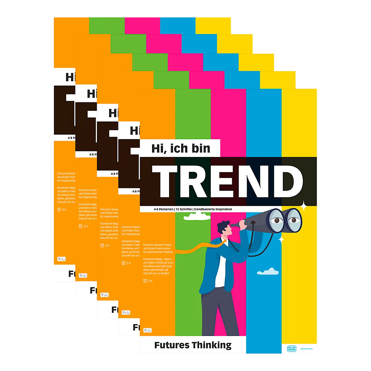 Flipchartblock PLAYROOM TREND FLIP, 13 vorgedruckte Blatt für Future Thinking/Innovationsprozesse, B 650 x H 970 mm, Papier, mehrfarbig, 5 Stück
