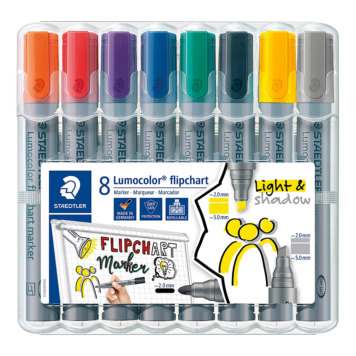 Flipchartmarker Staedtler Lumocolor® 356, 6x Rundspitze 2 mm, 2x Keilspitze 2 oder 5 mm, schnell trocknend, mit Clip, farbsortiert, 8 Stück