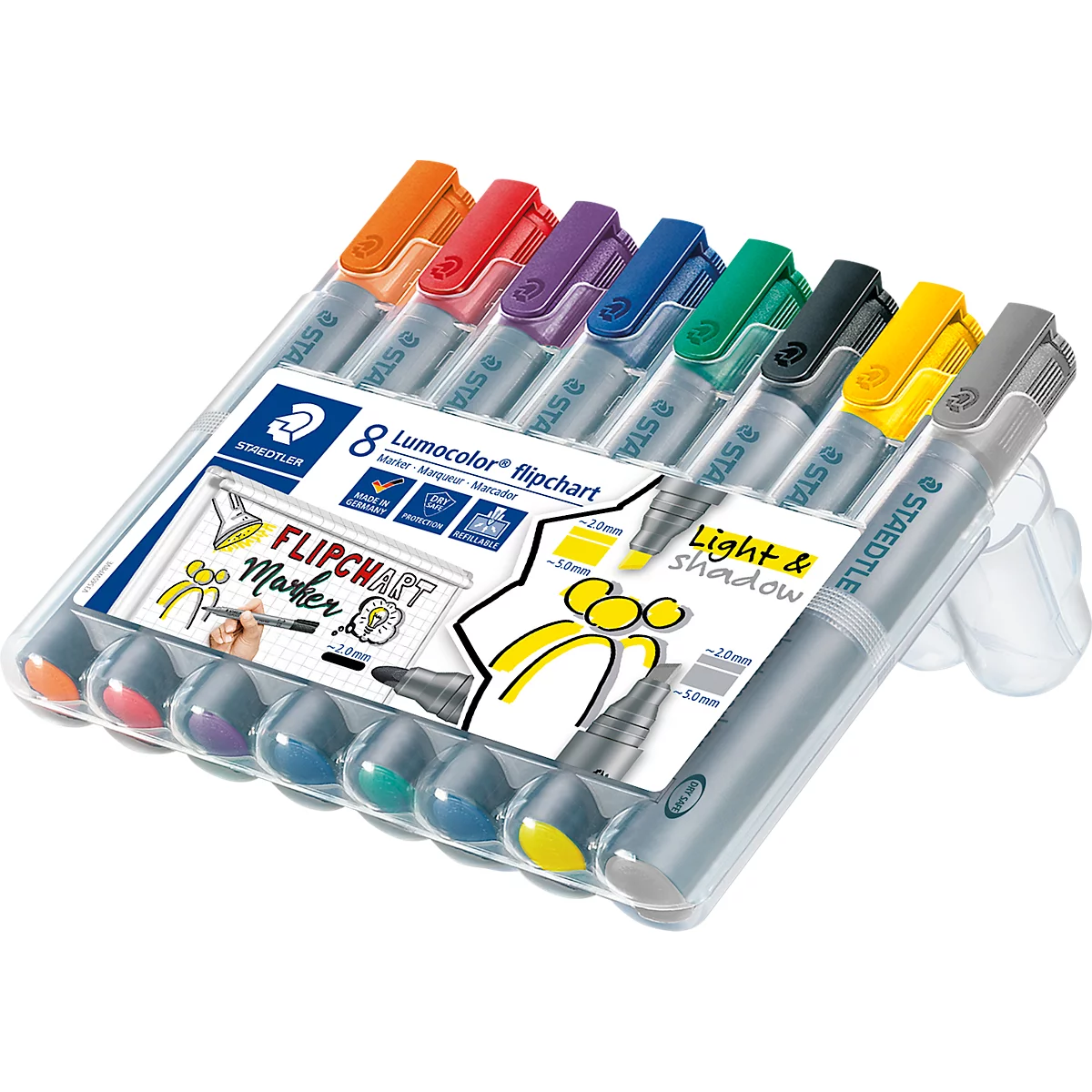 Flipchartmarker Staedtler Lumocolor® 356, 6x Rundspitze 2 mm, 2x Keilspitze 2 oder 5 mm, schnell trocknend, mit Clip, farbsortiert, 8 Stück