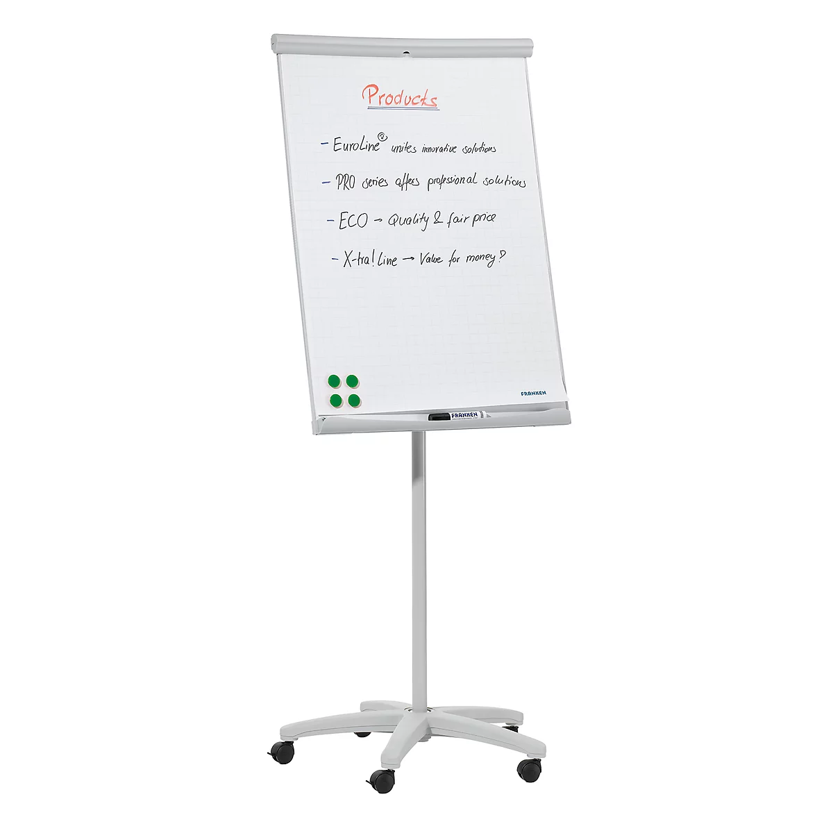 Flipover Franken U-Act!Line mobiel, 700 x 1000 mm, met 5 wielen, magnetisch, gerecycleerd, lichtgrijs