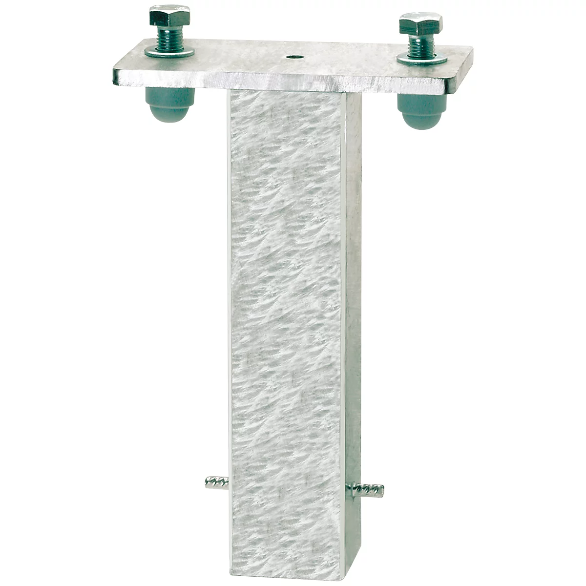 Metal T-shaped construction with screws, grey background. Top: plate with screws. Bottom: elongated, rectangular pillar. The elements are made of metal.