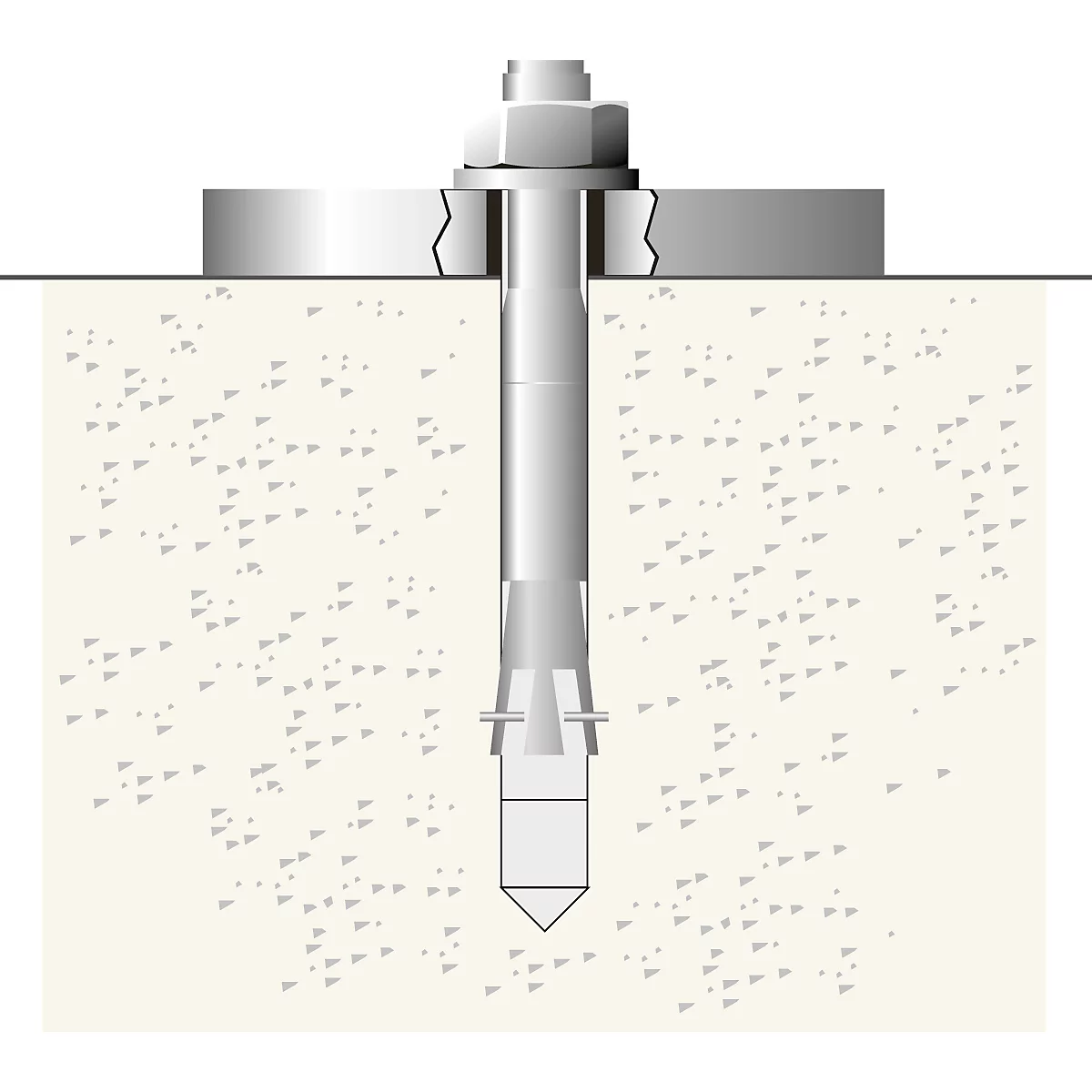 Cross-section of a concrete screw: bolt, nut, washer, and anchor in concrete.