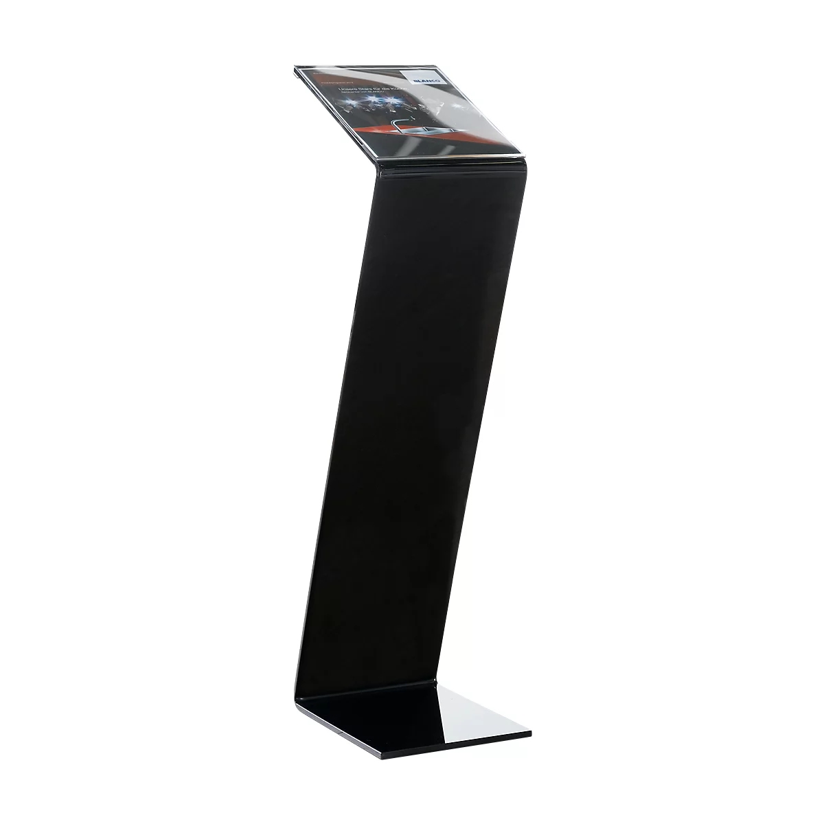 Black, angled display stand. The top, inclined panel may hold a display. The stand has a modern, minimalist aesthetic.