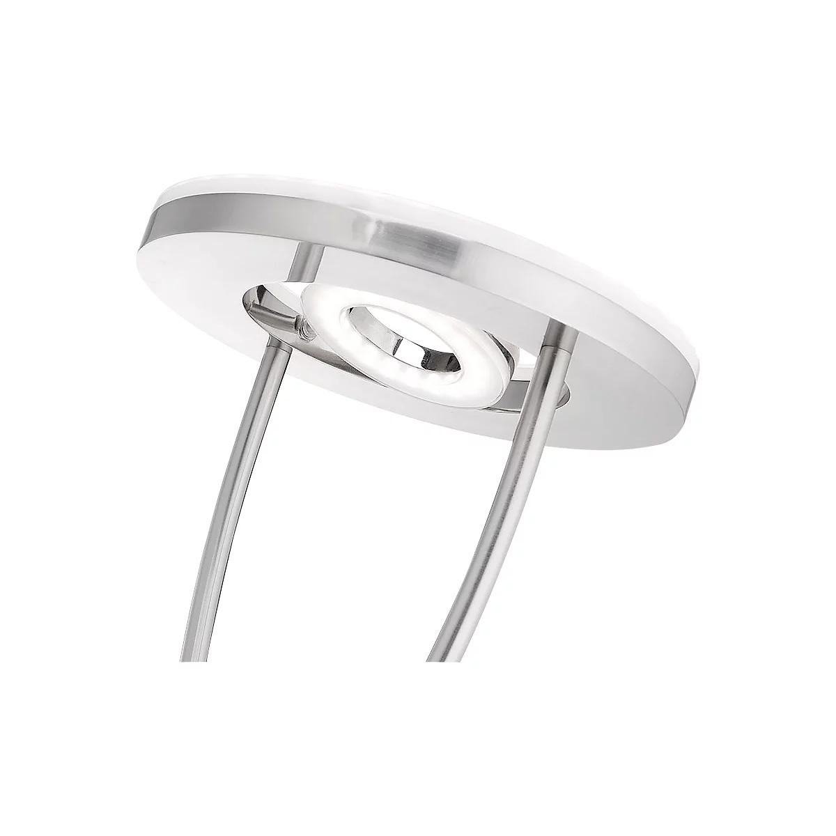 Close-up of a modern, round desk lamp with a metal frame and a round light source.