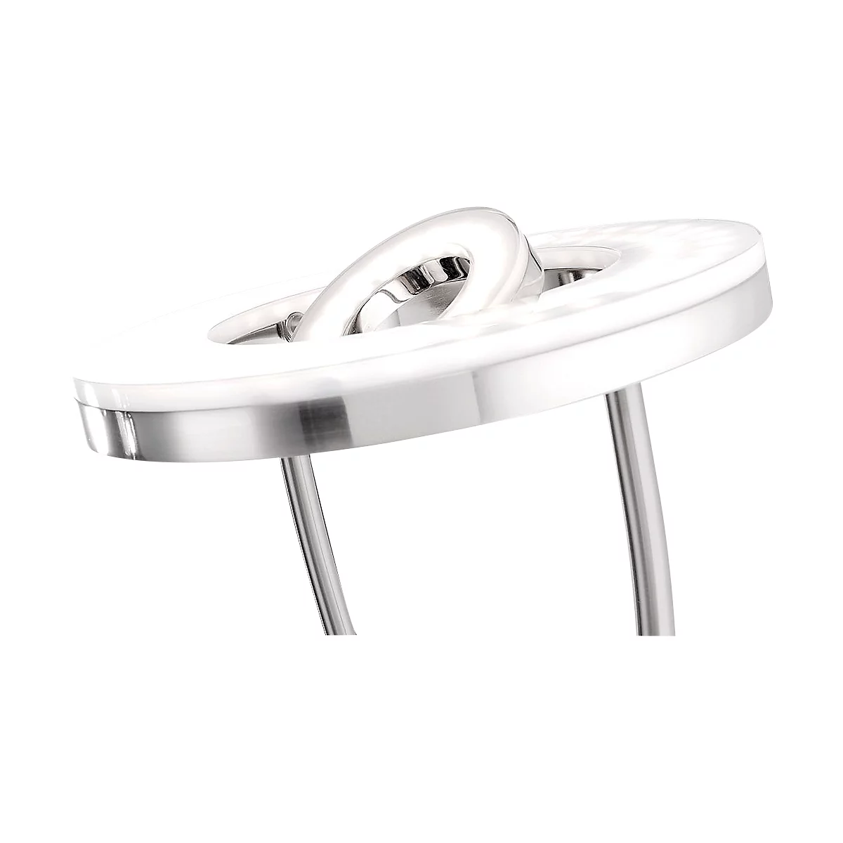 Close-up of a metallic ring with a curved element above it on two rods.