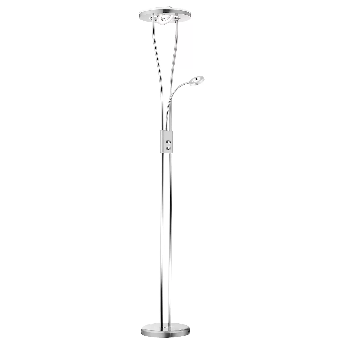 An elegant floor lamp, silver with two lights. One is directed upwards, the other to the side.
