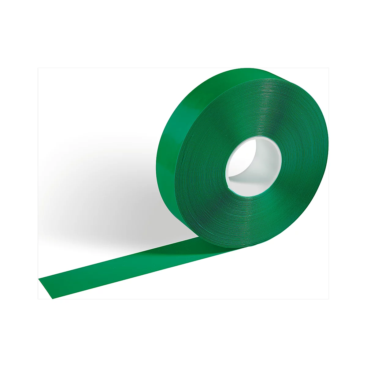 Roll of green tape, with a strip protruding. On a light background.