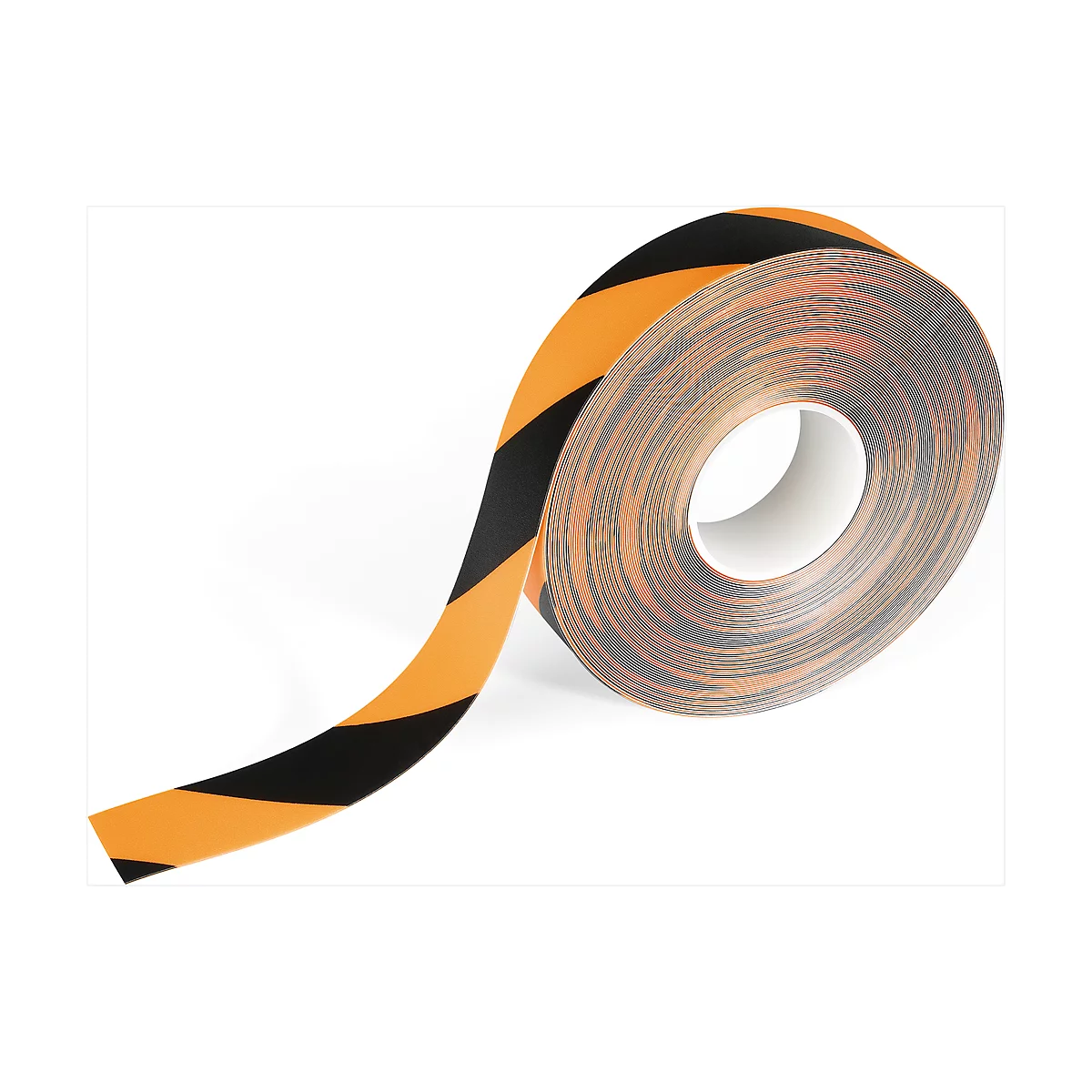 Rolled warning tape roll with black and orange stripes. The tape roll is on a white background.