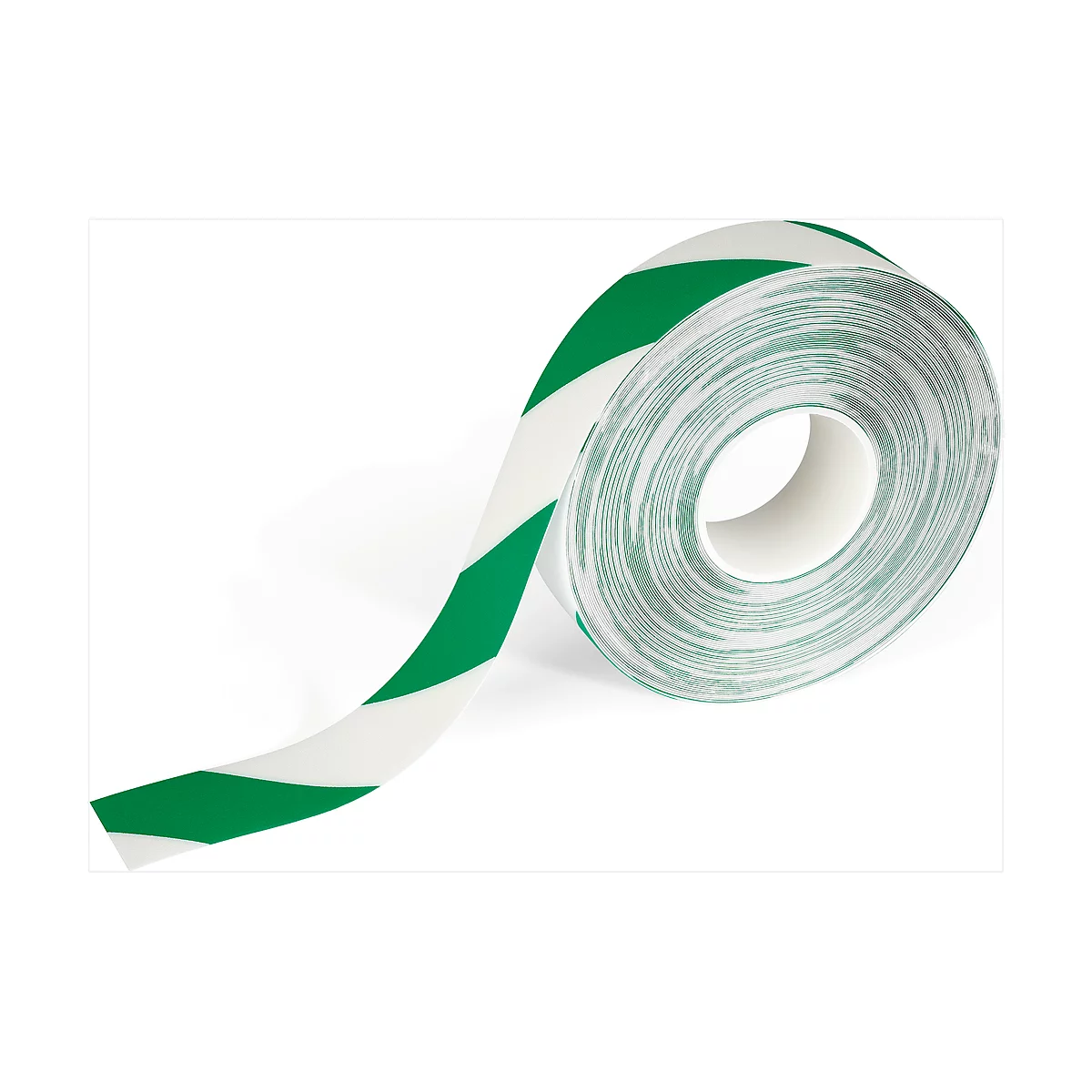Rolled green and white striped marking tape roll with diagonal stripes.