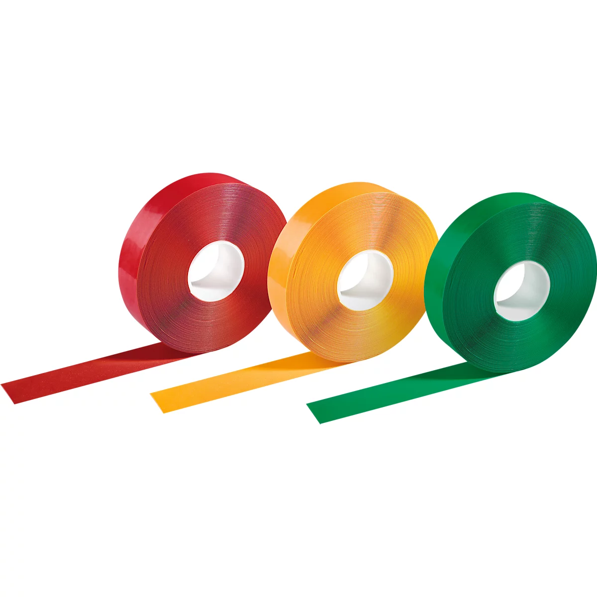 Three rolls of colored adhesive tape: red, orange, and green. Each roll has a strip unrolled.