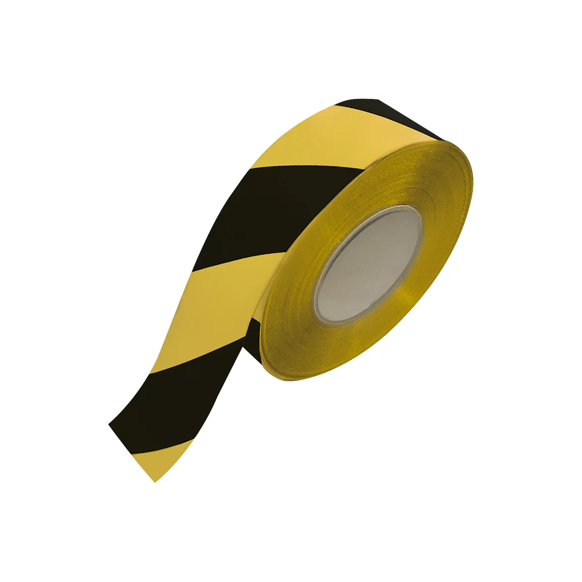 Close-up of a roll of black and yellow striped warning tape.