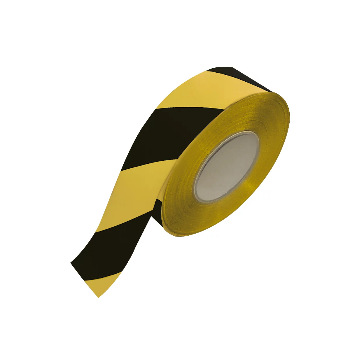 Rolled black and yellow hazard tape roll, diagonal stripes. The background is white.
