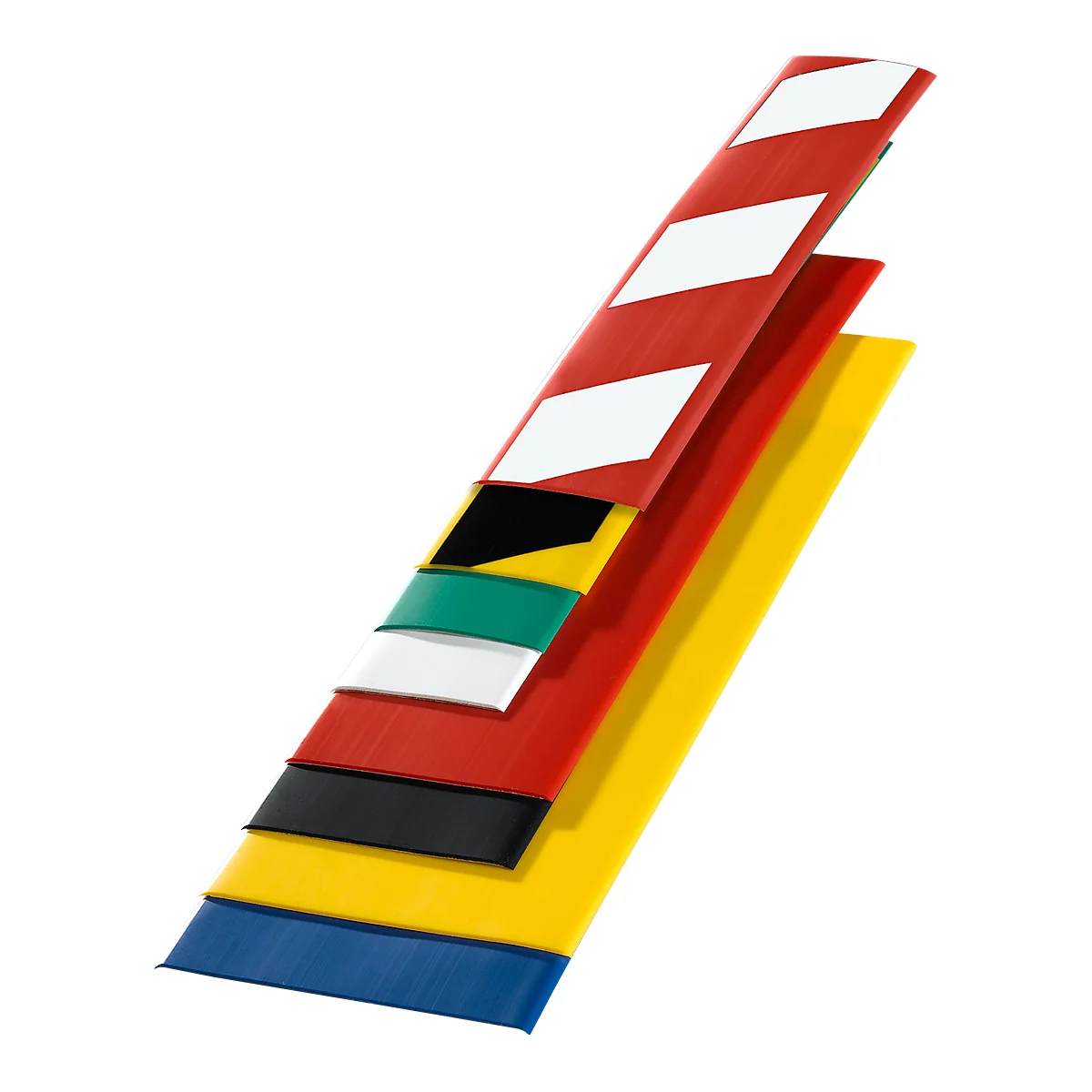 Cross section of a yellow-red striped product. Below are several colored layers visible: blue, yellow, black, red, white, and green.