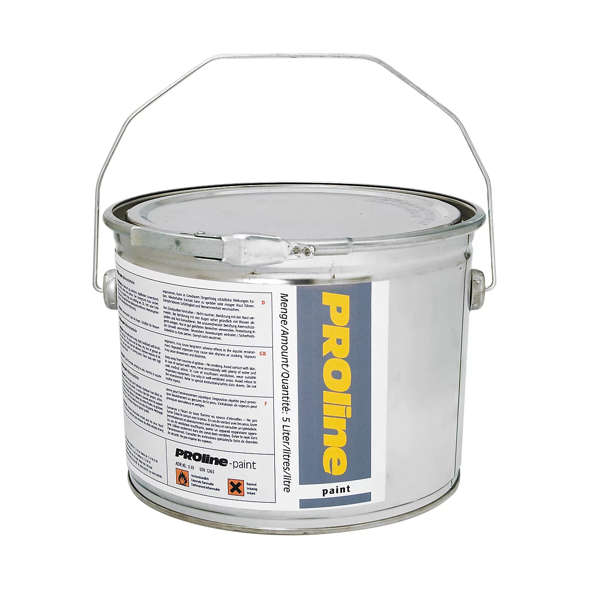 A silver paint bucket with lid and handle. The label reads "PROline paint".
