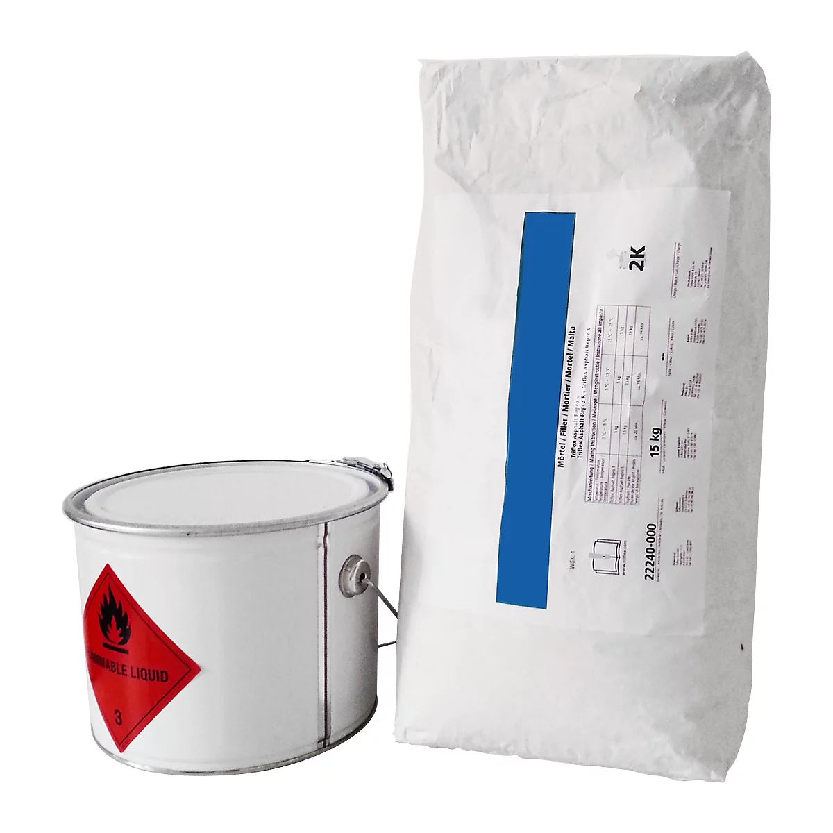 A bucket with a lid and a bag of powder stand side by side. The bucket has a hazard symbol, the bag a blue stripe.