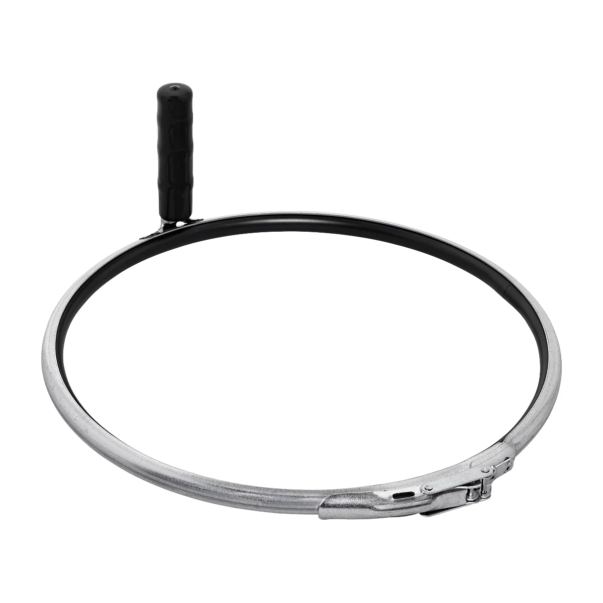 Circular metal tool with handle and clasp.