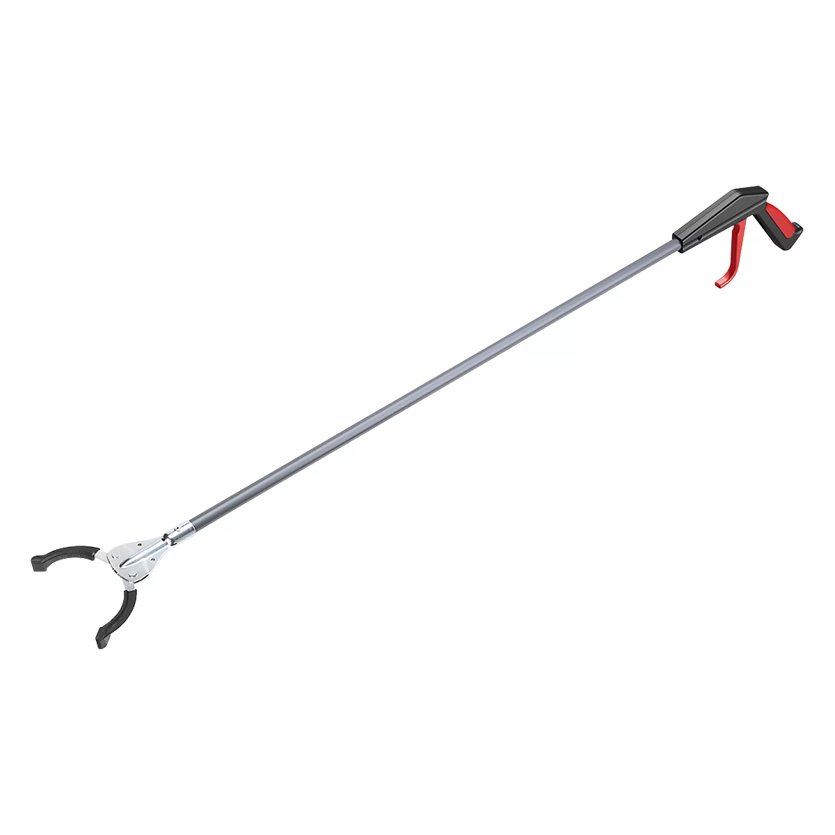 Gray grabber with red handle, displayed on a white background.