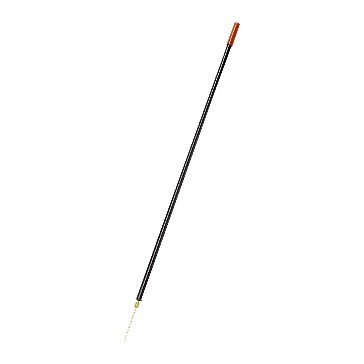 A long, black rod with a brown handle and a fine, white tip.