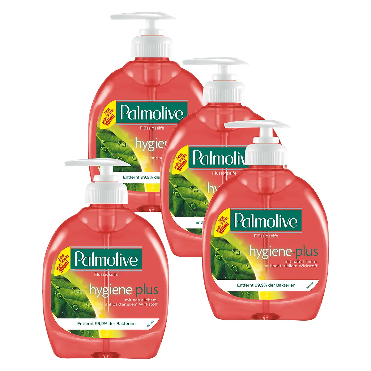Vier rote Palmolive-Seifenspender. Aufschrift: Hygiene Plus, entfernt 99,9% der Bakterien.