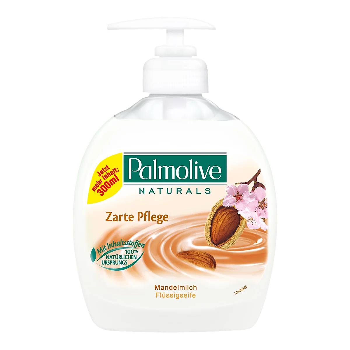 Weißer Palmolive Flüssigseifenspender mit Mandelmuster und Schriftzug. Aufschrift: Zarte Pflege, Mandelmilch.