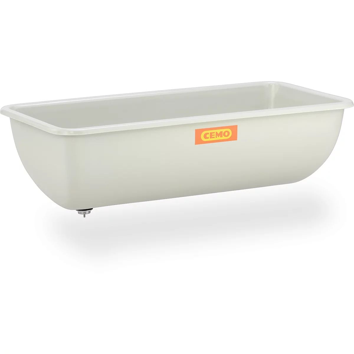 Rectangular, ivory-colored tub. The CEMO logo is on the side. There are small feet on the underside.