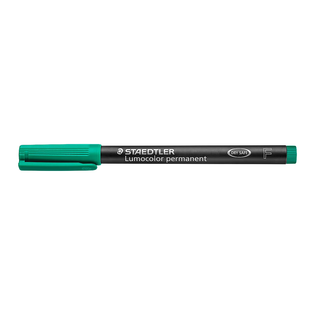 A green STAEDTLER Lumocolor permanent marker lies horizontally. Black text, white oval 'DRY SAFE', 'F'.