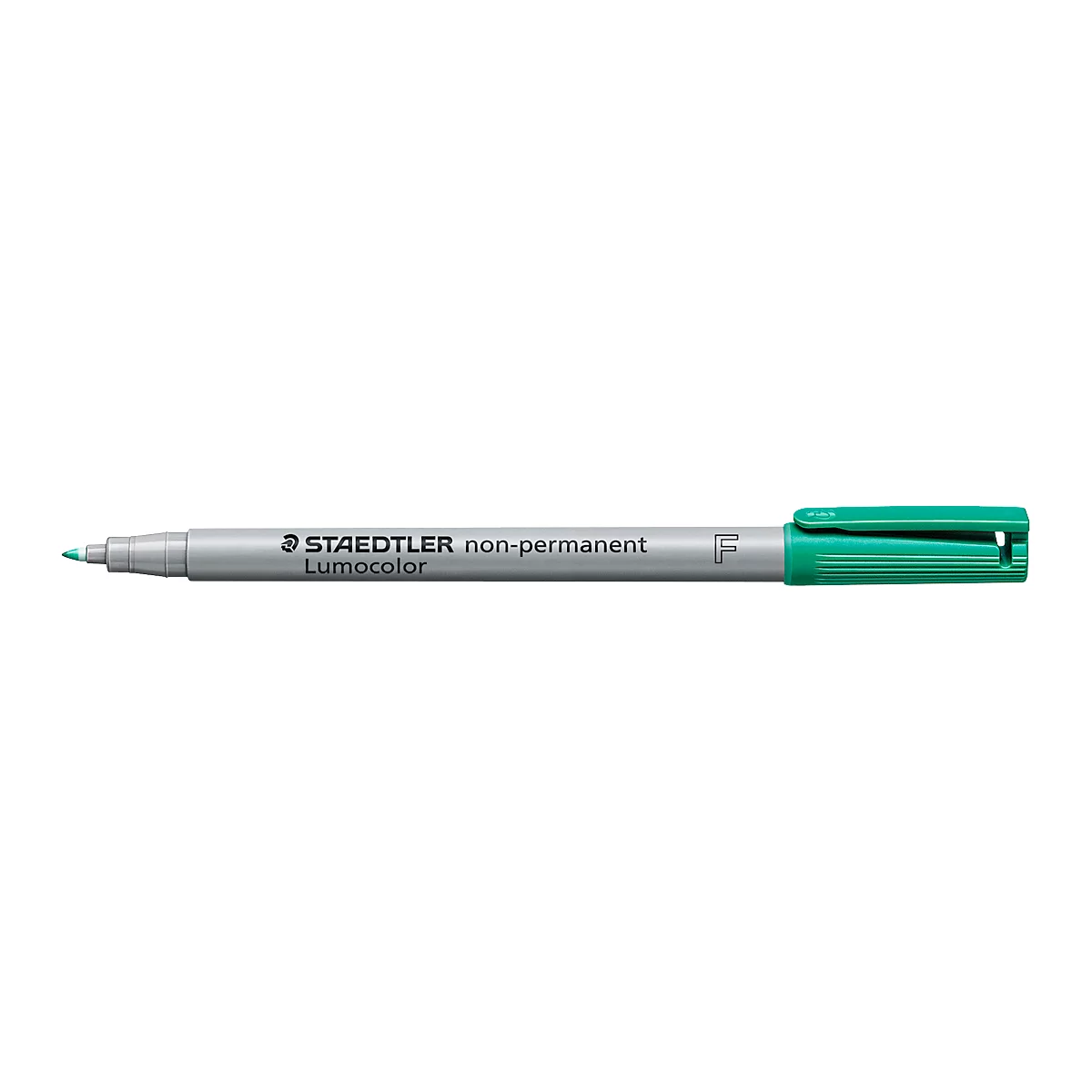 A green Staedtler Lumocolor non-permanent highlighter.