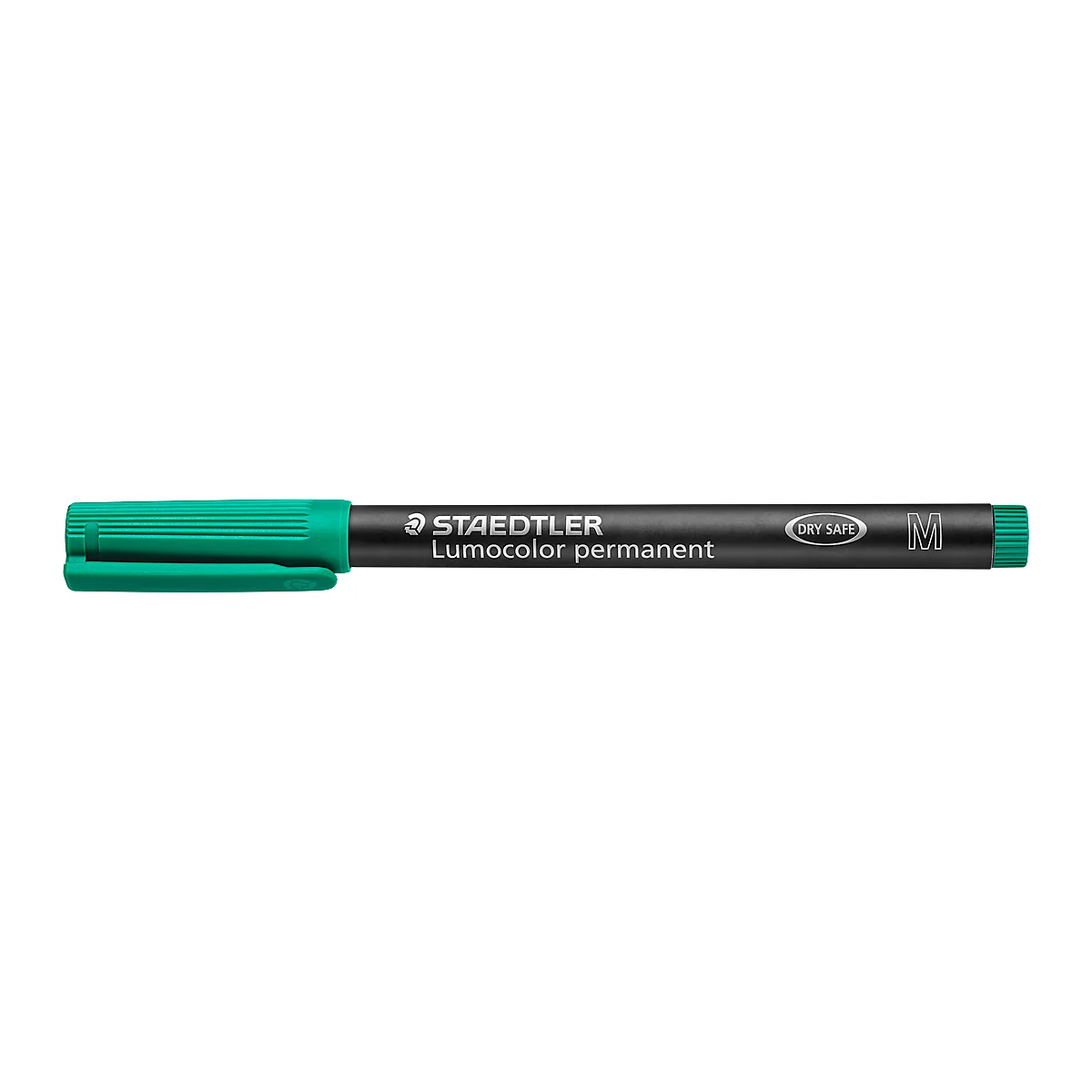 A green Staedtler Lumocolor permanent marker. Black barrel with white lettering. The tip is light green.