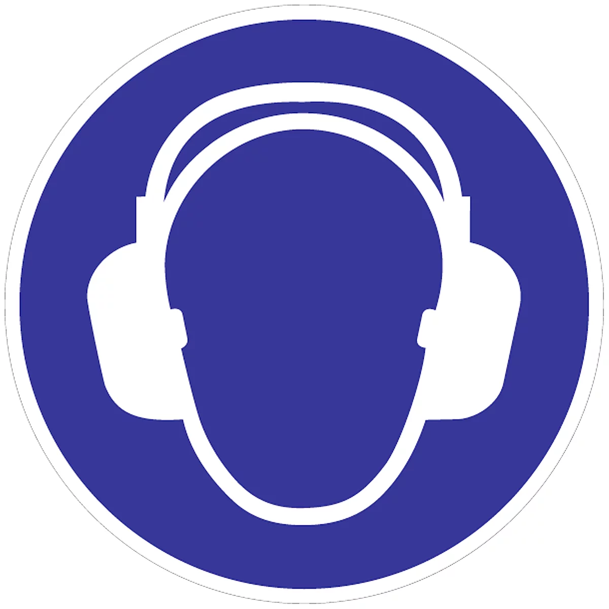 Blue sign with white symbol: hearing protection in the form of earmuffs.