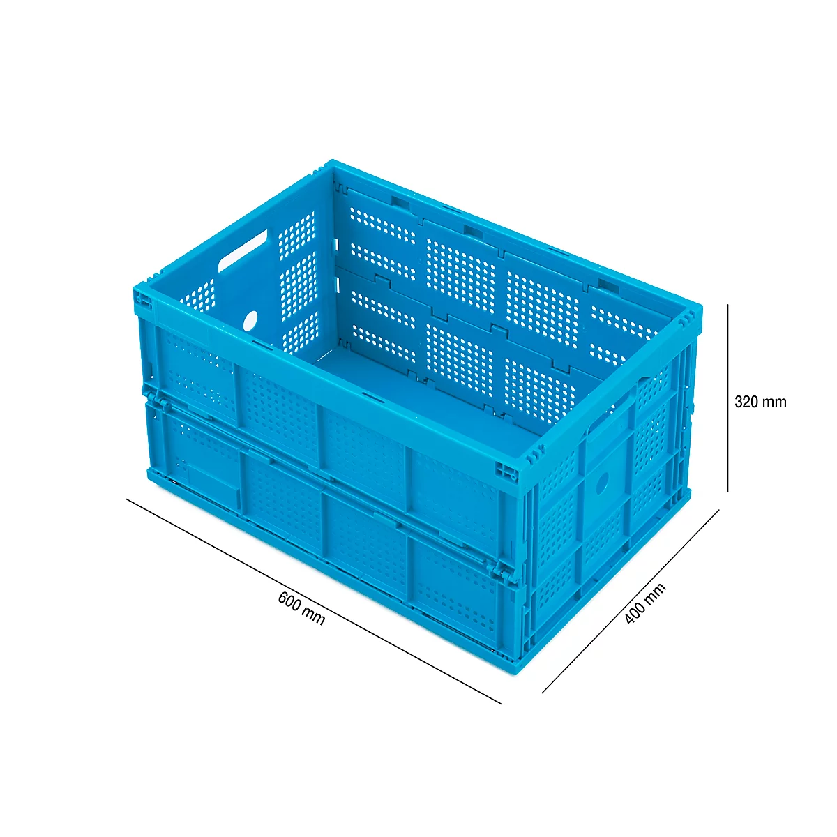 Blue, foldable crate with dimensions 600 x 400 x 320 mm. Perforated side panels, partially folded.