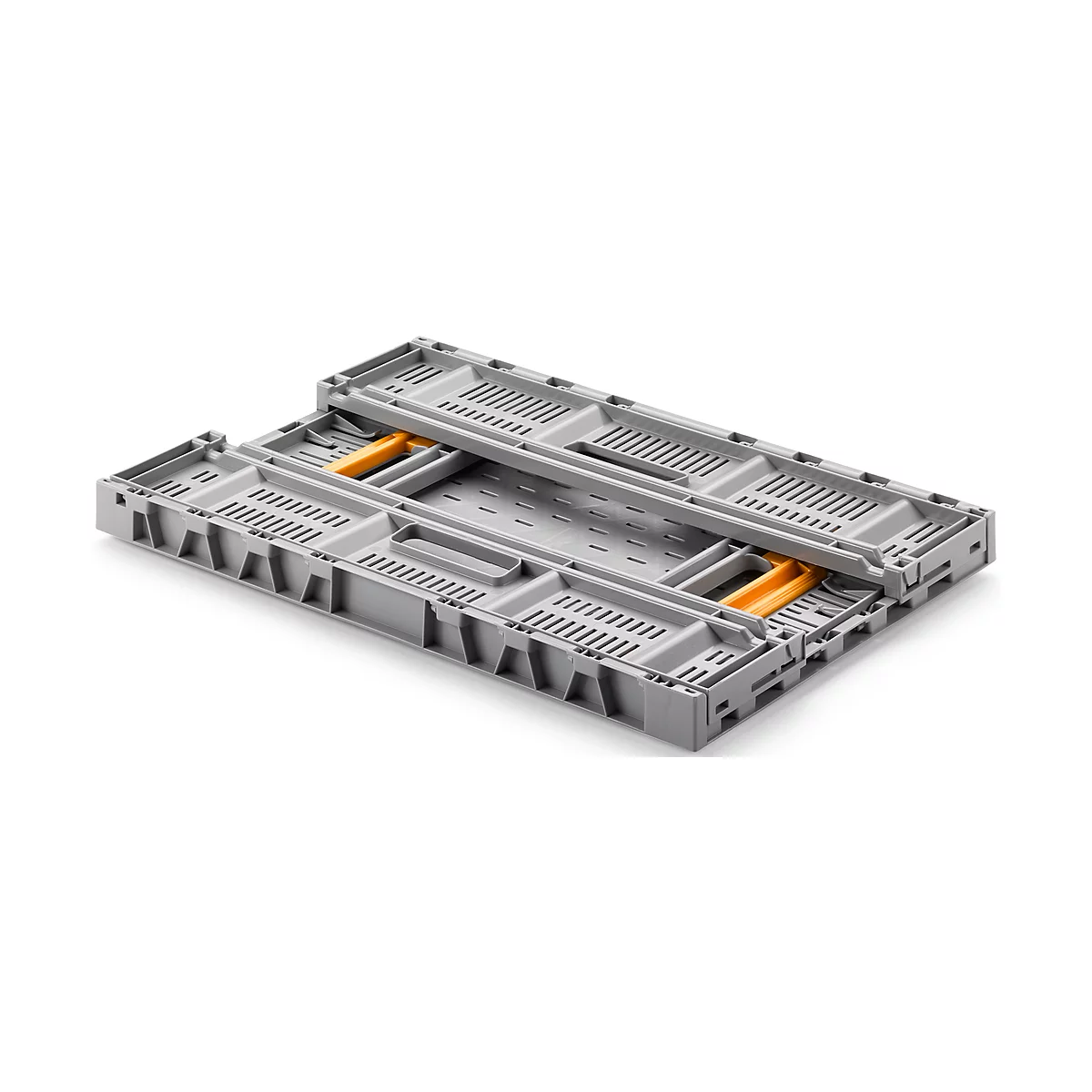 Gray, foldable crate with orange handles.