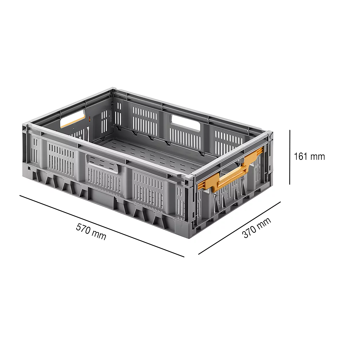 Grey, open transport box with yellow handles. Dimensions are indicated: 570 x 370 x 161 mm.